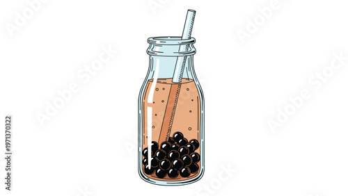 Hand drawn illustration of a glass bottle containing milk tea with black tapioca pearls and a straw on white.