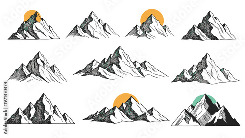 Collection of various mountain peaks drawn in a sketchy engraving style with occasional sun or moon accents for logo.