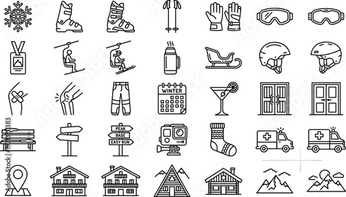 Winter Sports and Ski Resort Line Icon Set with Snow Activities, Equipment, Mountain Cabins, Travel, Safety and Holiday Adventure Symbols