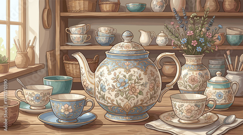 Illustrated still life of a floral teapot and cups in a rustic kitchen. The cozy, cottagecore aesthetic is ideal for backgrounds, branding, and warm, inviting designs.