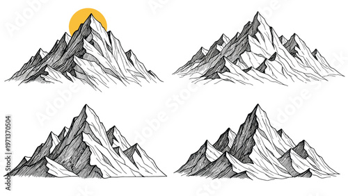 Set of four majestic mountain peaks drawn in a detailed sketchy style with one featuring a sun or moon in the sky.