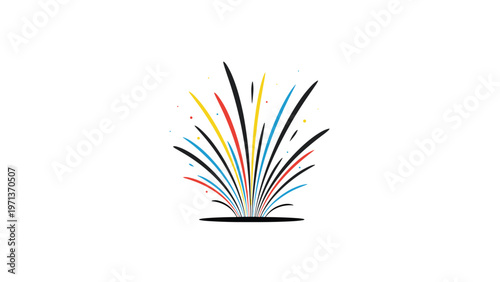 Abstract burst of colorful lines radiating upwards like a fountain or firework on a solid white background for energy.