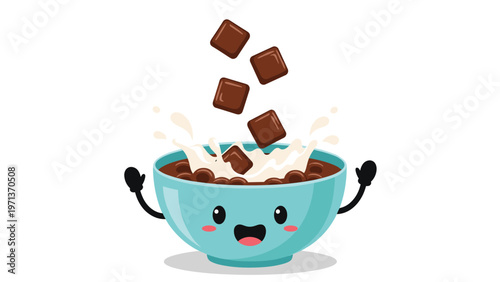 Happy cartoon bowl of chocolate cereal with square pieces splashing into milk on a clean white background for kids.