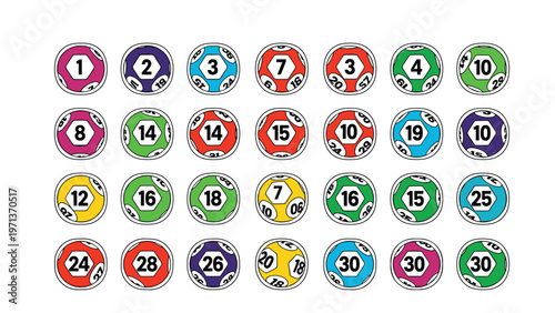 Collection of colorful lottery balls with various numbers displayed in an organized grid pattern on a clean white background.