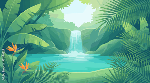 A vector illustration of a lush jungle scene with a waterfall, turquoise lagoon, and tropical plants. Perfect for travel, nature, or wellness concepts.