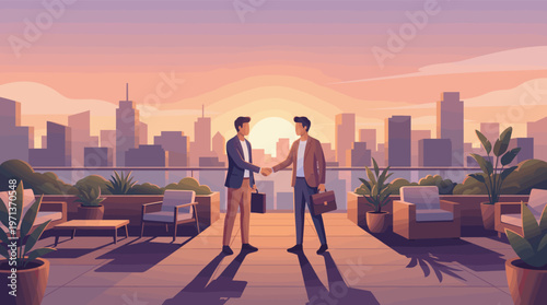 Two businessmen shake hands on a rooftop terrace with a city skyline at sunset. Concept of success, partnership, agreement, and corporate deals. Modern flat vector illustration.
