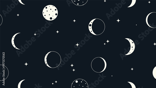 Seamless pattern featuring celestial moon phases and twinkling stars in cream color over a dark navy blue night sky background.