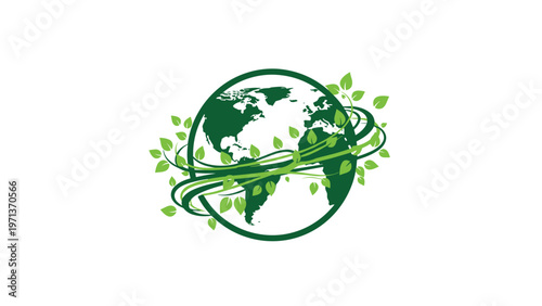 Green globe illustration with a world map surrounded by swirling leafy vines representing environmental conservation and ecology themes.