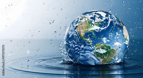A globe of the earth partially submerged in water with droplets splashing around it in a blue gradient background