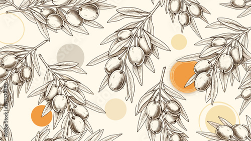 Elegant seamless pattern featuring hand-drawn olive branches with fruits and leaves accented by subtle orange and grey circles.