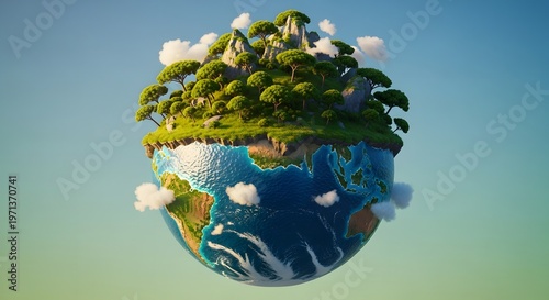 A floating island with trees and water on a blue and green gradient background