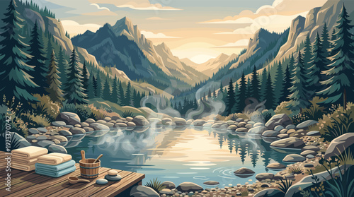 A serene illustration of a natural hot spring in a mountain valley. A wooden dock with spa items invites relaxation. Perfect for travel, wellness, and retreat concepts.