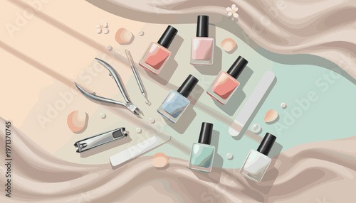 Top view illustration of manicure and pedicure set. Nail polish and tools on a pastel background. Perfect for beauty salon branding, spa promotions, or cosmetic blogs.