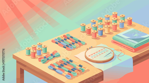 Isometric illustration of a cozy craft table with embroidery supplies. Colorful threads, hoop, and needle for a relaxing DIY hobby or creative small business. Perfect for makers.