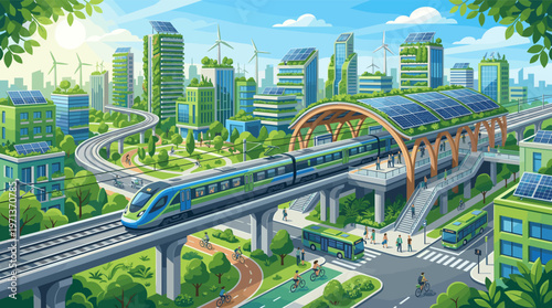 Illustration of a futuristic green city with sustainable public transport, renewable energy from solar panels and wind turbines, and eco-friendly architecture. Ideal for eco concepts.