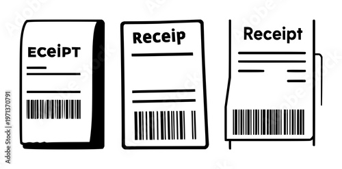 Digital receipt icon set with solid black digitized symbol on white background featuring barcode, e-receipt logo, payment code with line art and vector illustration