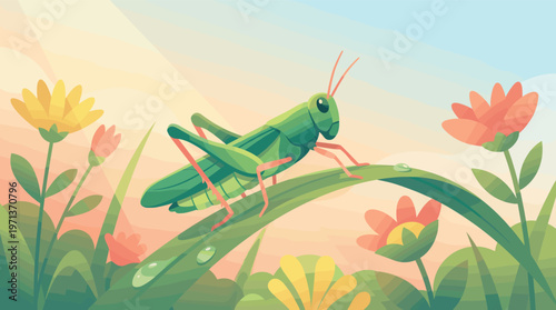 A charming vector illustration of a green grasshopper on a dewy blade of grass. Surrounded by colorful flowers in a warm, peaceful meadow. Ideal for nature and children's themes.