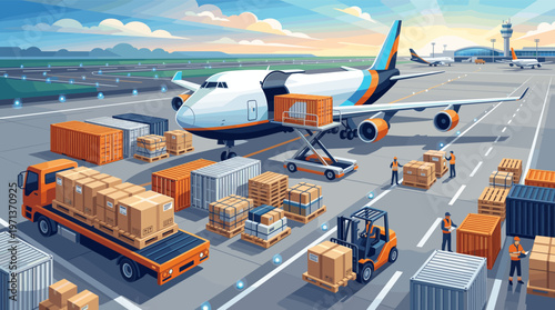 Vector illustration of a busy airport cargo terminal. Workers load a plane with containers and boxes using a forklift and truck. Perfect for logistics, supply chain, and global trade.