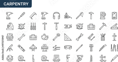 Carpentry tools line icon set with drill hammer saw ruler toolbox woodworking equipment outline vector construction symbols collection pack
