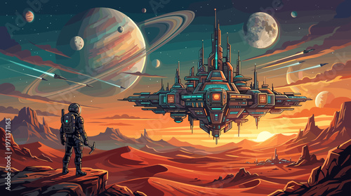 An astronaut overlooks a futuristic spaceport on a desert planet at sunset. Epic sci-fi illustration for themes of exploration, technology, and adventure.