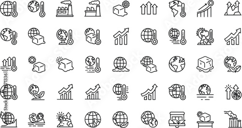 Climate change outline icon set including global warming temperature rise emissions pollution environment sustainability and ecological impact symbols