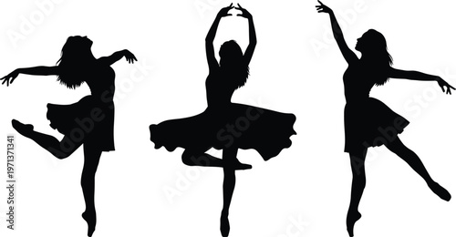 Black silhouettes of three ballet dancers performing graceful poses in dresses isolated on white background for dance school and performing arts