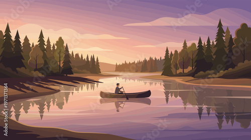 Vector illustration of a man canoeing on a peaceful lake at dusk. The serene landscape with forest and reflections is ideal for travel, adventure, or wellness concepts.
