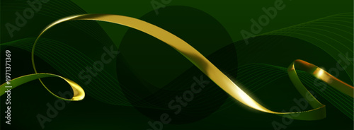 Luxurious gold ribbon wave border, abstract vector background with flowing curves, premium metallic texture. 3d green elegant award cover or invitation design with thin golden lines, reflected light