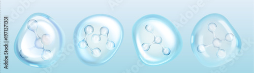 3D serum bubbles set with molecules inside isolated on blue background. Vector realistic illustration of molecular blobs structure, cosmetic gel essence, skincare liquid with beauty vitamin spheres
