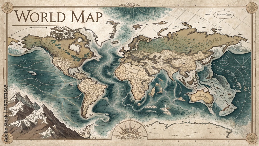 Naklejka premium Vintage nautical world map with aged paper texture and compass rose