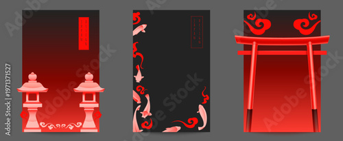 Japanese cards with torii gate, koi fish and traditional cloud motif, oriental vector background set. Authentic cultural elements, posters with red pagoda arch and minimalist design