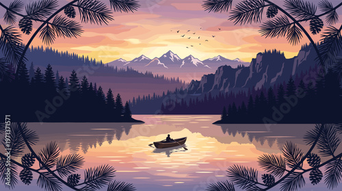 Vector illustration of a serene mountain lake at sunset. A lone person rows a boat on calm water, surrounded by a pine forest. Peaceful mood for travel or nature themes.