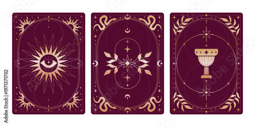 Magic red tarot cards set with celestial moon and sun icons. Vector realistic illustration of mystic vintage cards with golden floral border, snake and star ornaments, all seeing eye esoteric symbol