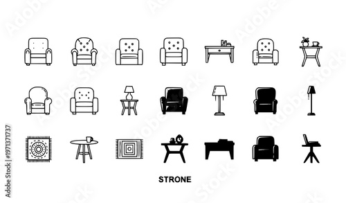 Modern lounge icon collection in thin outline and bold stroke styles for UI and web design