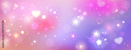 Unicorn rainbow background with pink gradient sky, and sparkle effects, abstract vector fairytale pattern. Magical dreamy blurred backdrop with glitter stars and glowing hearts, iridescent light