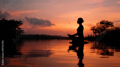 Woman meditating by a lake at sunset