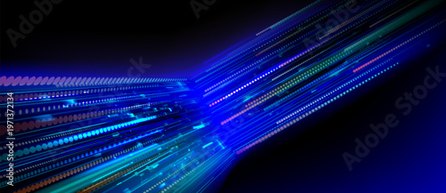 Speed data flow with neon blue lines and glowing particles, abstract vector background. Network dot pattern, digital tech presentations, futuristic cyber concept, information transfer