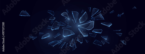 Shattered glass fragments flying in the air, realistic cracks and sharp edges, vector illustration on black background. Broken mirror pieces with dramatic effect, blue transparent shards