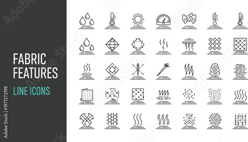 Fabric textile features line icon set with waterproof breathable stretch thermal washing outline vector clothing care symbols collection pack