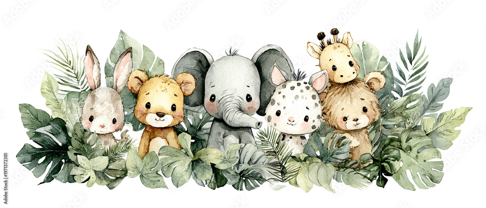 Naklejka premium Adorable ilustración acuarela de animales de la jungla como elefante, león, conejito y leopardo, rodeados de hojas tropicales, ideal para decoración infantil.