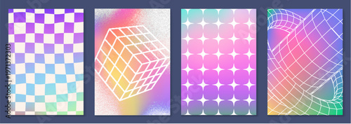 Abstract y2k posters set with distorted effect and wireframe shapes on rainbow gradient background. Vector illustration of futuristic wallpaper, neon green, purple, pink grid patterns, trendy backdrop