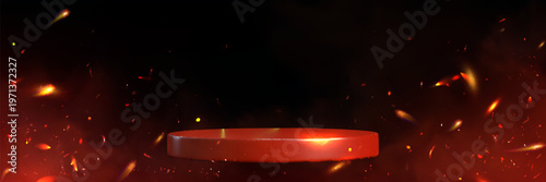 Round platform floating on black background with fire sparks. Vector realistic illustration of empty stage, burning flame and smoke, promotional banner design, discount or casino presentation stage