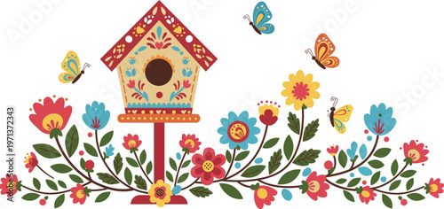 Birds on a tree with floral garden flowers and a wooden birdhouse nest box in a spring nature vector illustration of an old house home design