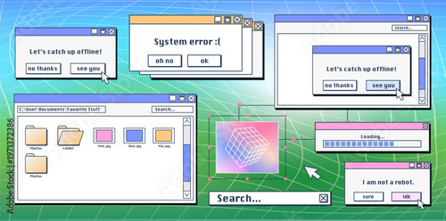 Retro system error message and old icons on computer screen. Vector illustration of Y2K warning window with critical alert, vintage UI elements, folders, search bar, classic desktop interface design