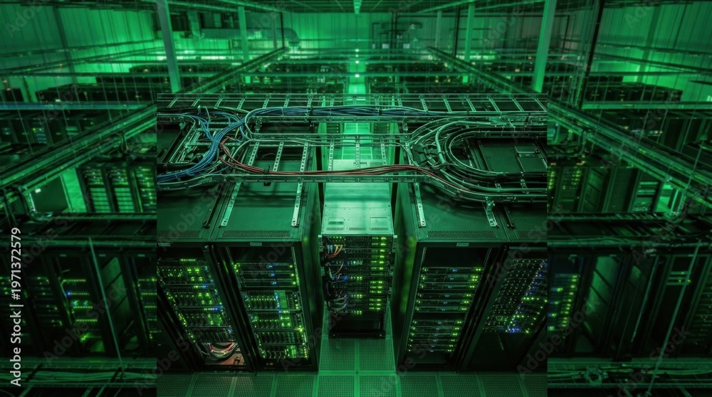 Fototapeta premium Futuristic data center server room with glowing green lights and high-tech infrastructure
