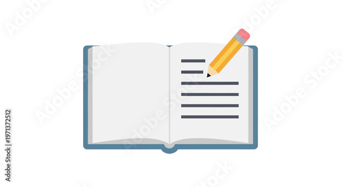 Illustration of an open book with lines and a pencil for writing ideas on a white background