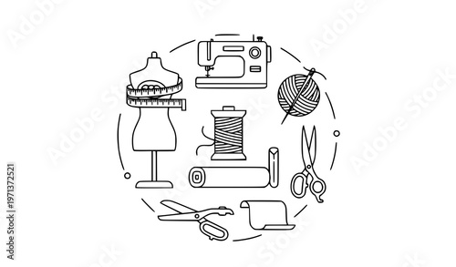 Sewing and fashion design outline icons with mannequin measuring tape and tailoring tools vector