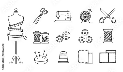 Dressmaking tools icon set with mannequin measuring tape sewing machine and haberdashery elements vector