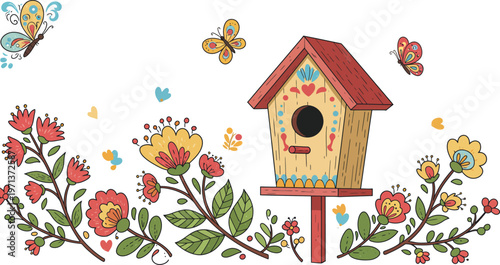 A small wooden birdhouse nestled among colorful spring flowers in a garden creates a charming nature scene with a tiny bird resting near its roof hole