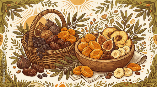 An artistic illustration of a still life with dried fruits like figs, dates, and apricots. A warm, rustic, and healthy design for food packaging or blogs.
